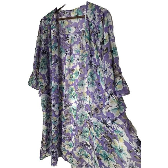 Vibrant Purple Floral Kimono Cardigan Boho Oversized Duster Spring Ruffles M‎ - Picture 1 of 6